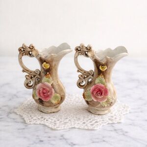 Vintage-Inspired Ceramic Vases with Pink and Cream Roses